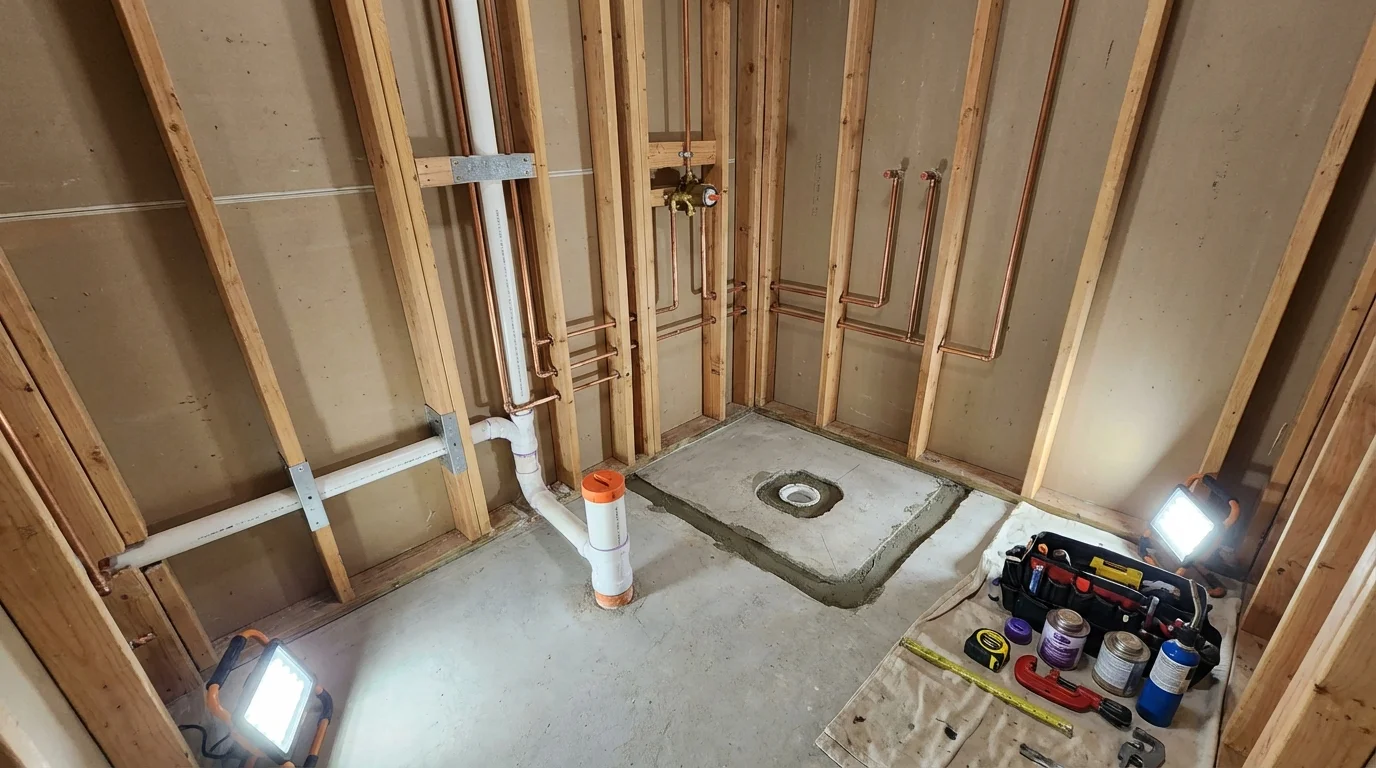 Bathroom rough-in plumbing during remodel by Johns Plumbing LLC in Huxley