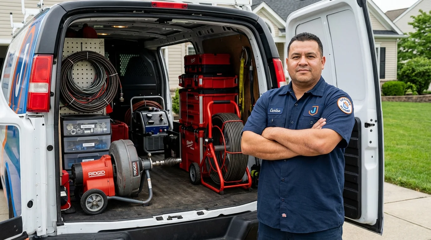 Professional drain cleaning equipment and Johns Plumbing LLC plumber in Huxley