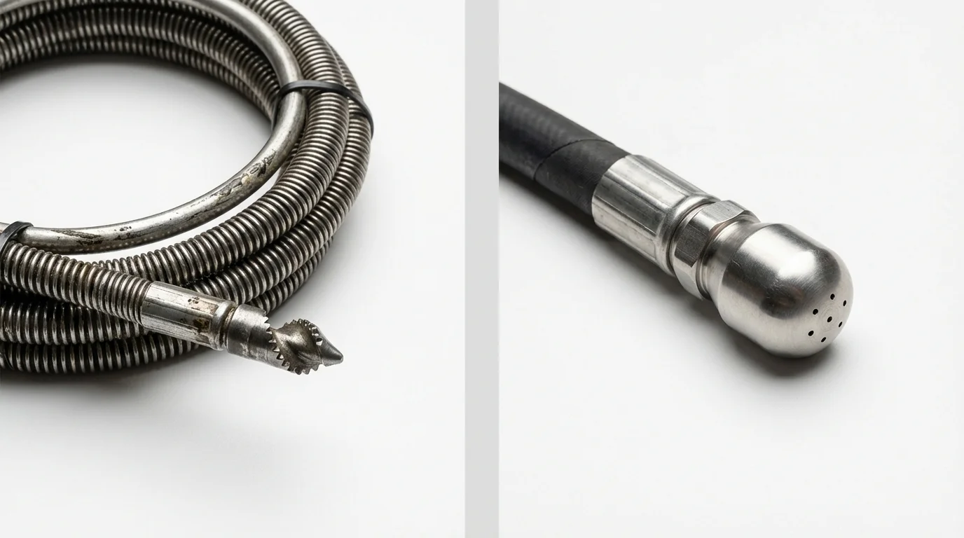 Drain snake cable and hydro jetting nozzle used for drain cleaning in Huxley, IA