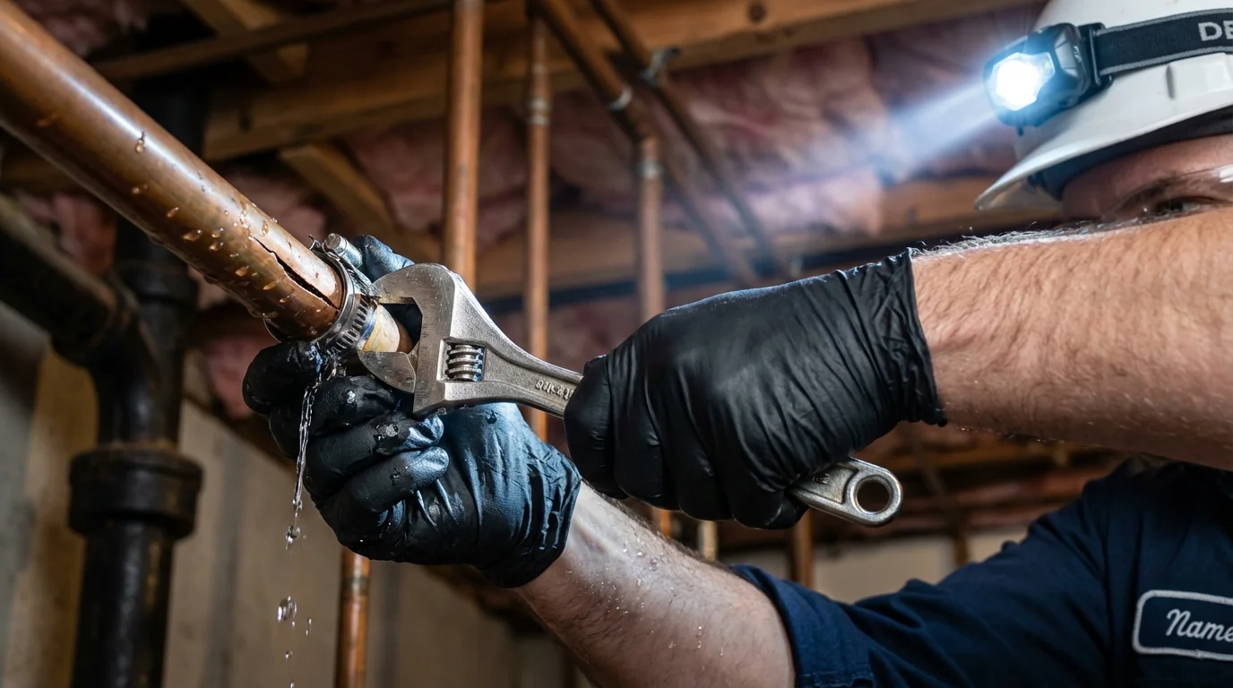 Emergency pipe clamp repair being performed by a Johns Plumbing LLC plumber in Huxley
