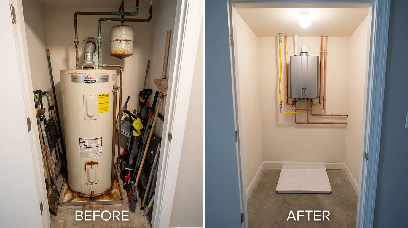 Tank water heater versus wall-mounted tankless unit comparison for Huxley, IA homeowners