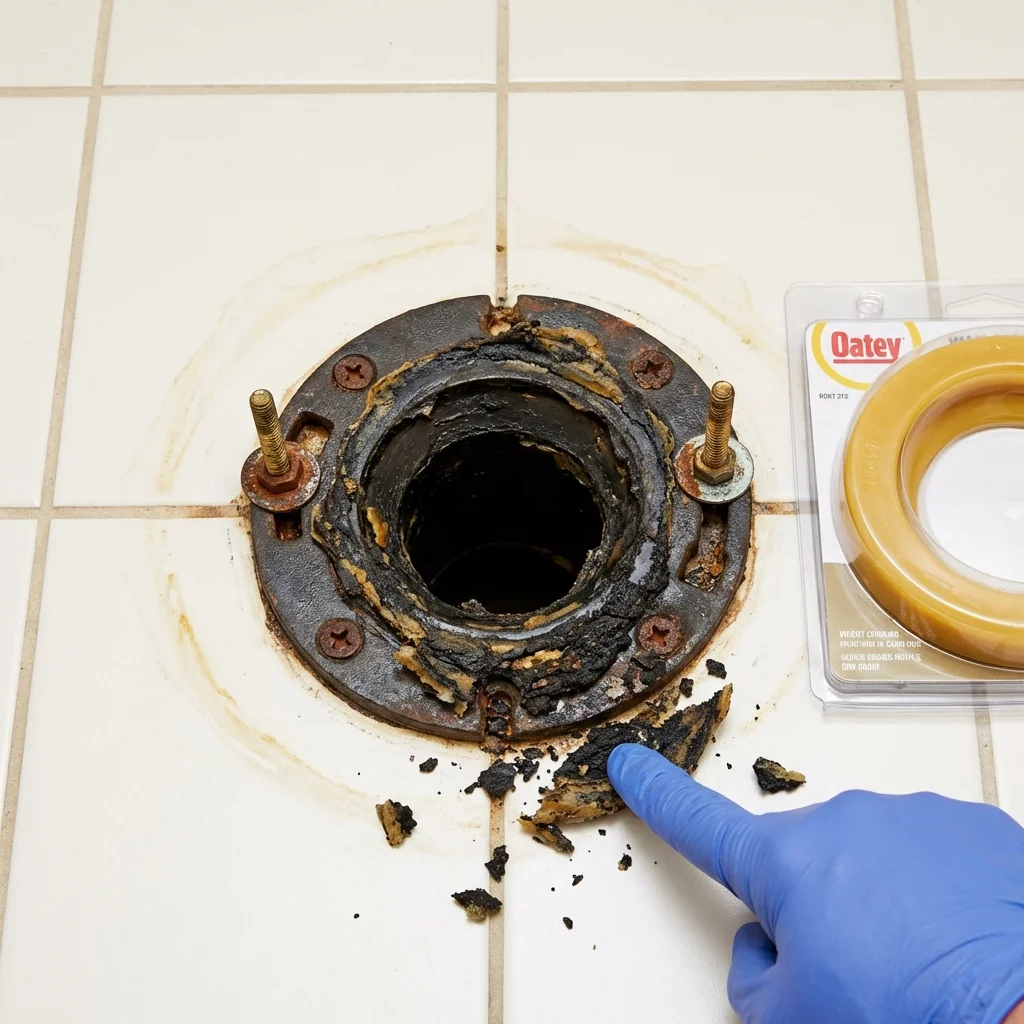 Failed wax ring showing water seepage at the base of a toilet in a Huxley, IA home