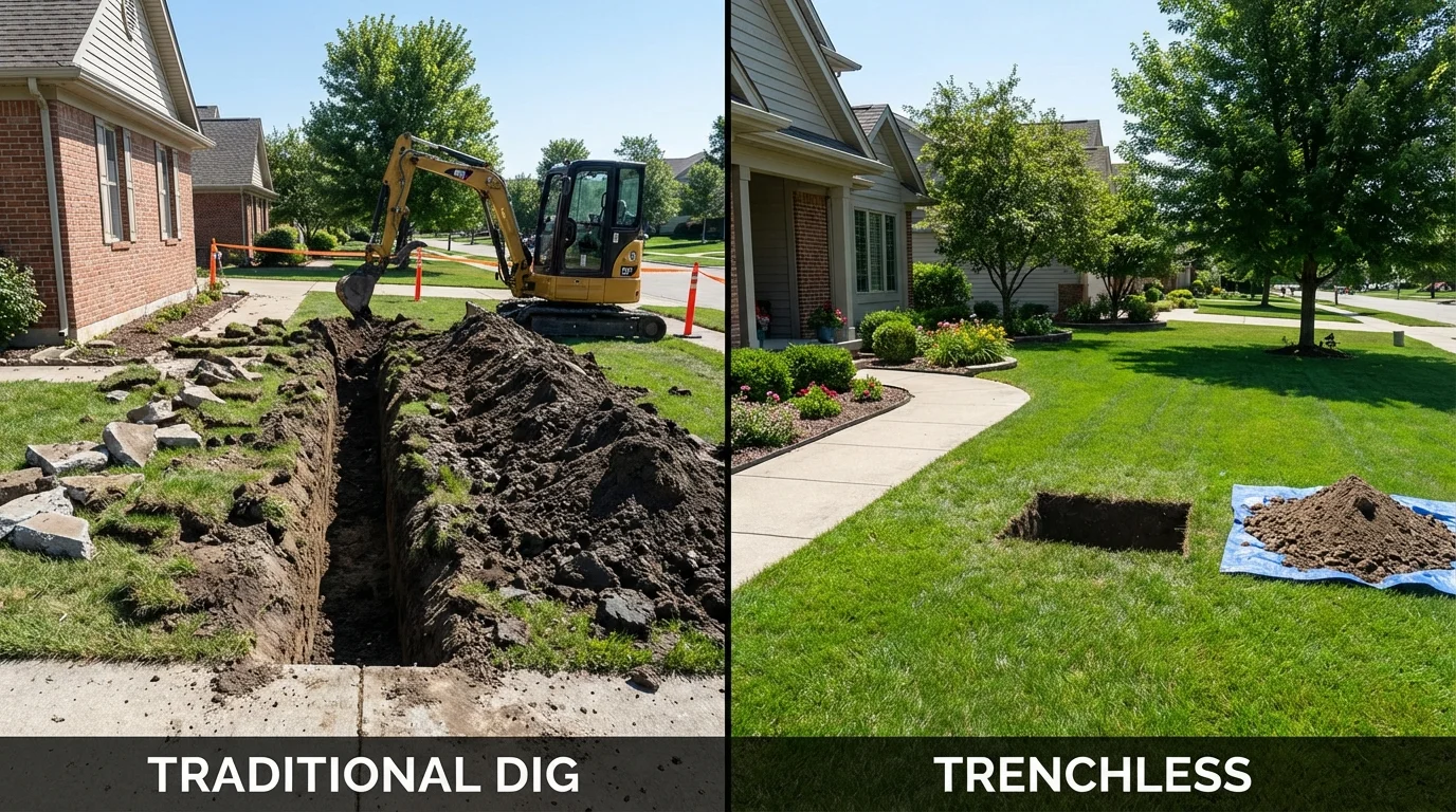 Trenchless sewer repair with minimal yard damage versus traditional excavation in Huxley, IA