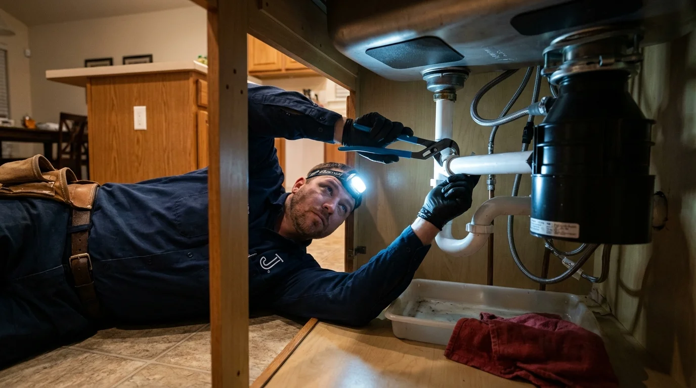 P-trap and supply line connections under a kitchen sink showing a common leak point in Huxley, IA